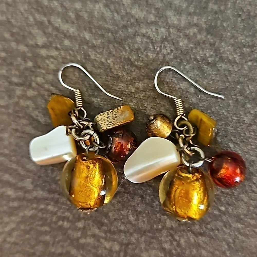 VTG Glass Shell Bead Cluster Festival Dangle Hook Earrings